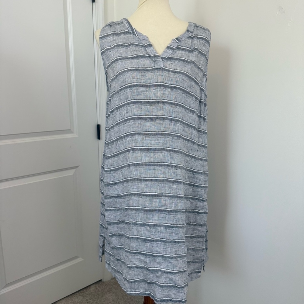 Habitat‎ Dress Size L Gray/White Linen Sleeveless Striped Shift Tunic Lagenlook